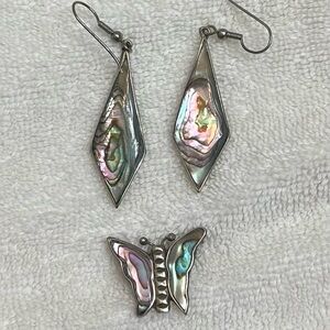 Abalone Shell Earrings and Butterfly Brooch Set